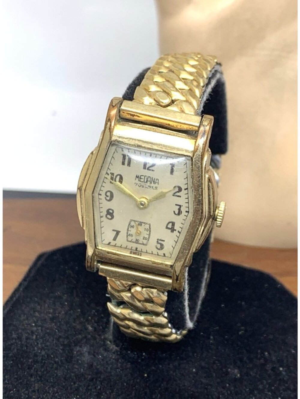 Medana Watch Art Deco Swiss Manual Wind Gold Tone Stainless Steel 27x36mm